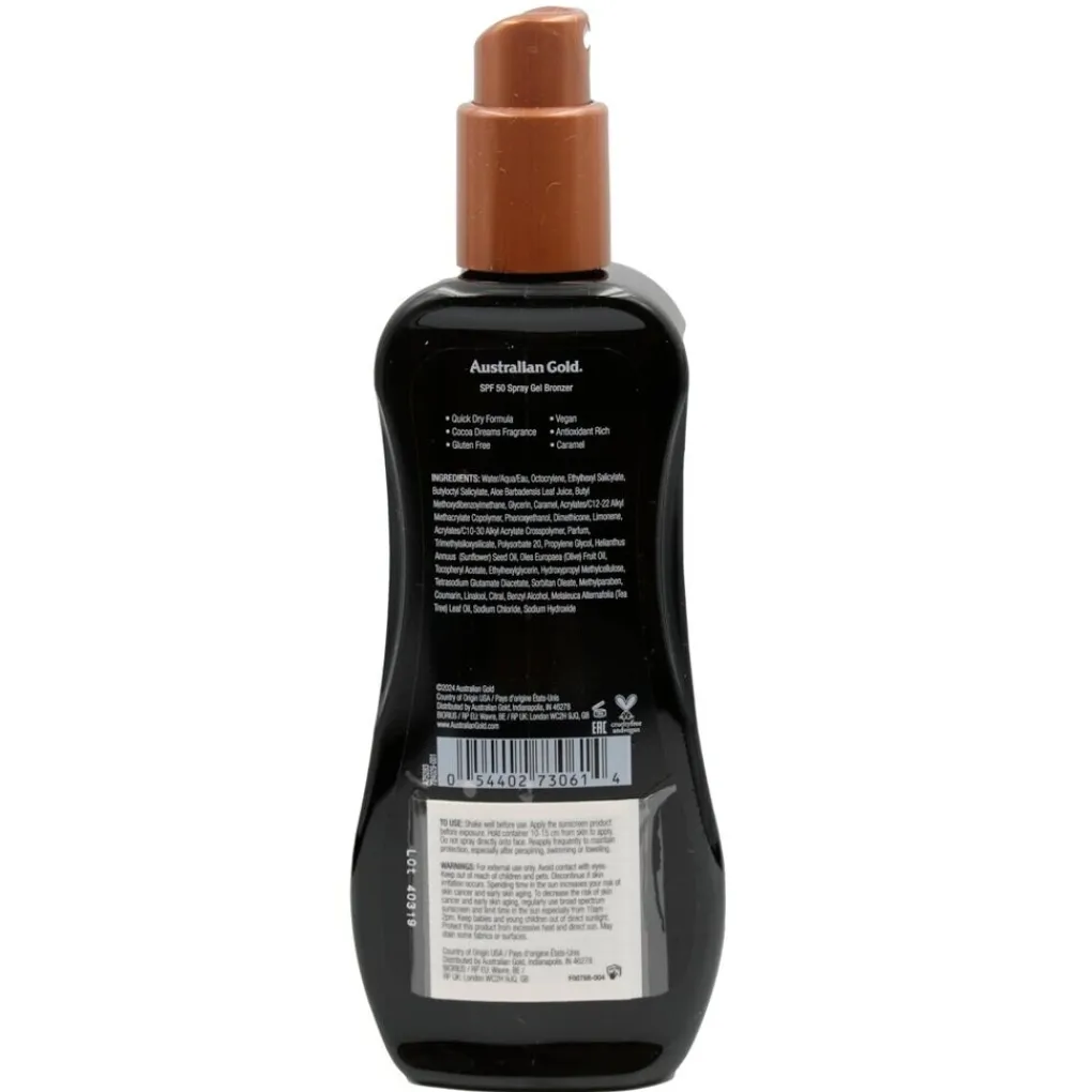 Australian Gold Zonnebrand>SPF50 Spray Gel met Bronzer
