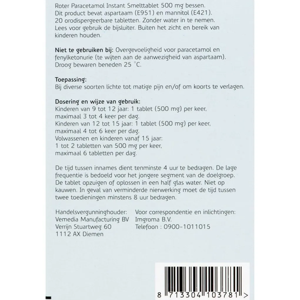 Roter Pijn>Paracetamol 500mg Smelttabletten